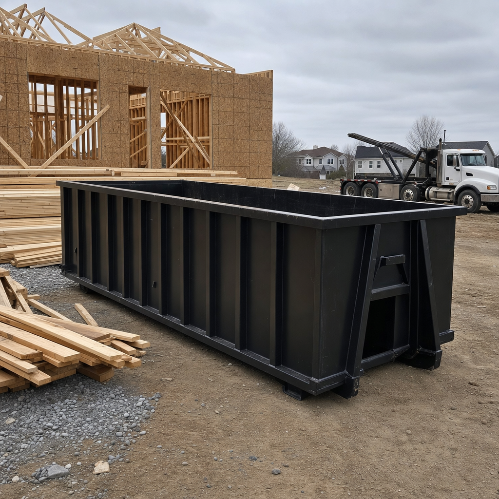 Matte-black 40-yard roll-off dumpster staged on a framed-out residential construction site in Tallmadge, framing lumber stacked nearby, hooklift delivery truck visible in the background under bright Colorado daylight