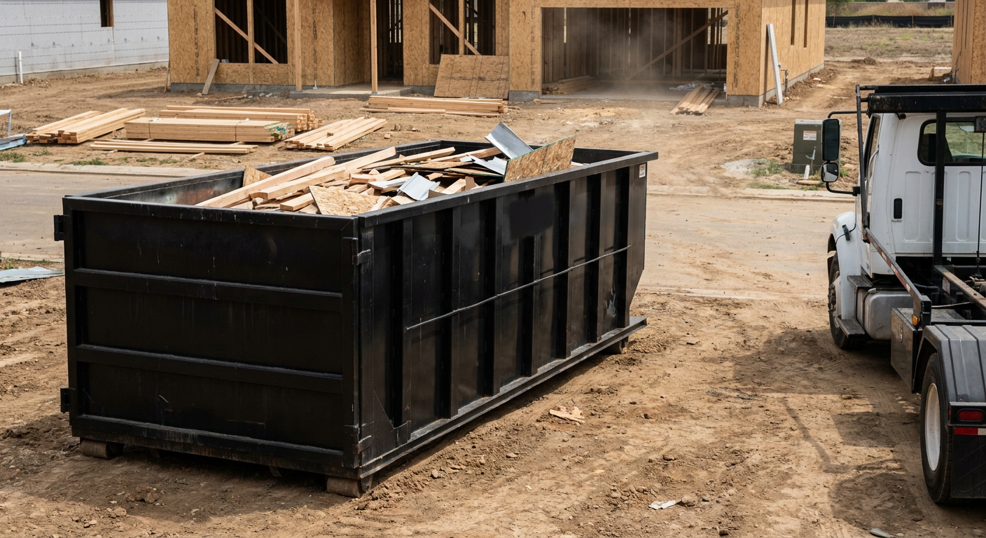 Matte-black 20-yard roll-off construction dumpster with heavy ribbed steel sidewalls and swing rear doors at a working jobsite in Tallmadge, sitting directly on compacted dirt with an unmarked white hauler partially visible at the far edge of the frame.