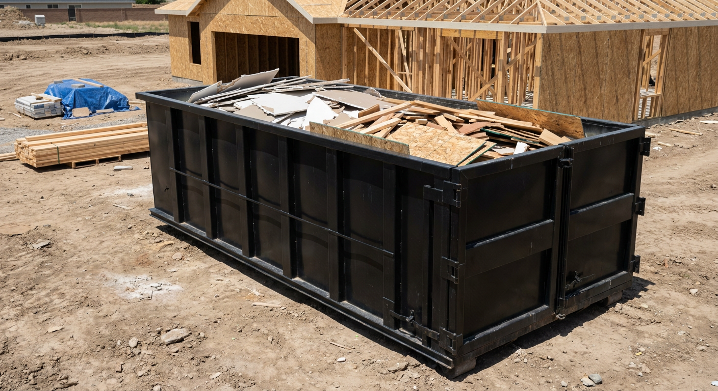 Matte-black 30-yard roll-off construction dumpster sitting directly on the compacted-dirt site of a framed single-family home build in Tallmadge, drywall and lumber scrap loaded inside.