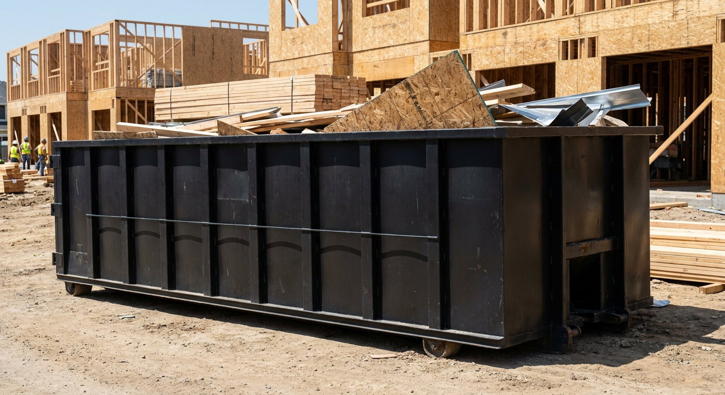 Matte-black 40-yard roll-off construction dumpster being lowered from a white-cab hooklift delivery truck onto the compacted-dirt jobsite at a commercial build site in Tallmadge