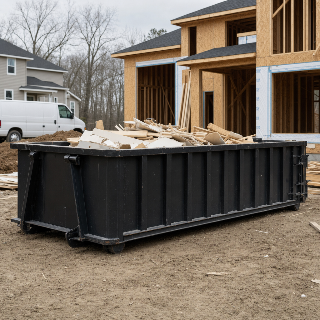 Worker in a yellow high-visibility vest tossing framing lumber and broken drywall into a matte-black 30-yard construction roll-off dumpster on an active build site in Tallmadge, bright daylight