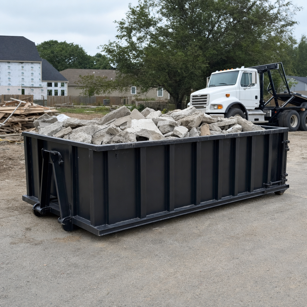 Low-profile matte-black lowboy roll-off dumpster loaded with broken concrete slab and rebar at a foundation tear-out in Tallmadge, skid steer parked beside it, sunny Colorado morning