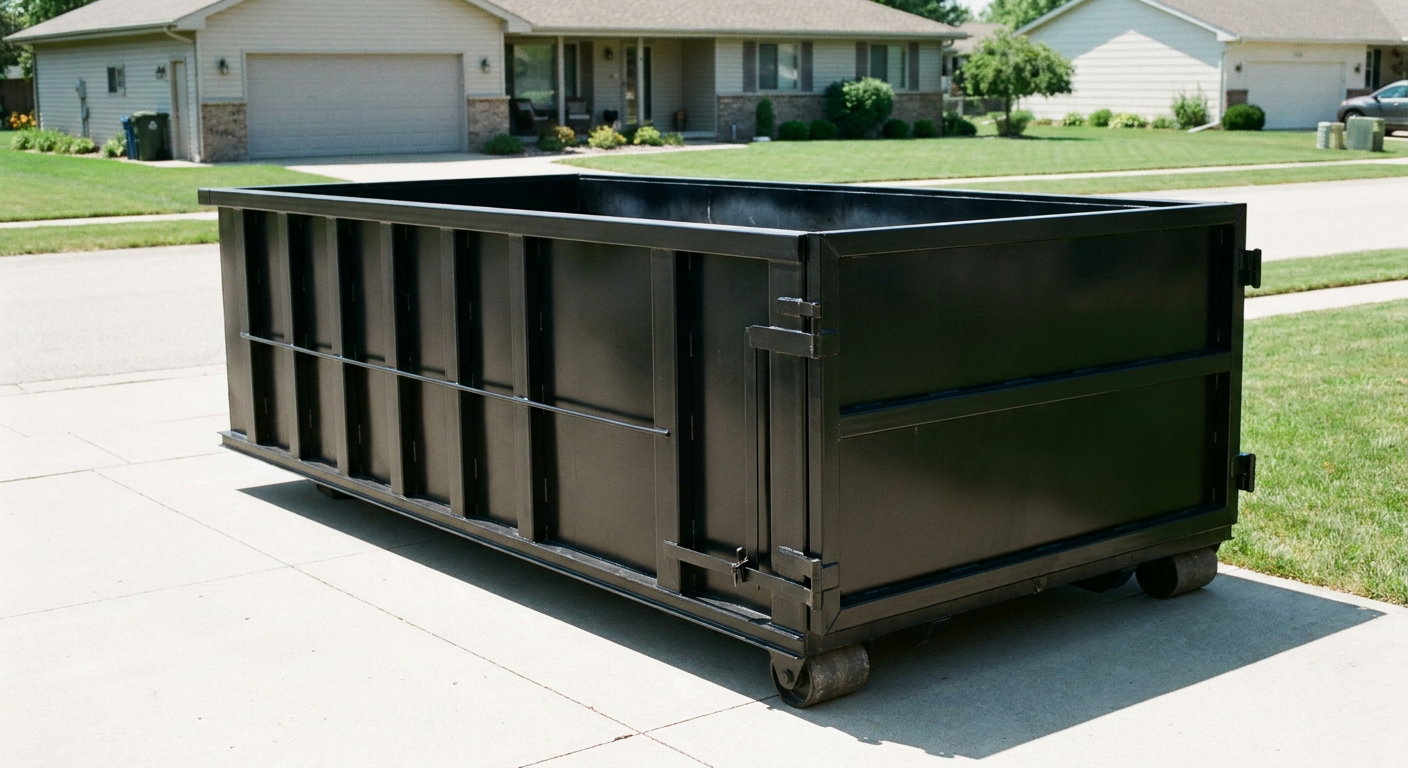 Matte-black 10-yard roll-off dumpster on a residential concrete driveway in Tallmadge, uniformly painted matte black across every panel and rail, ribbed steel sidewalls and rear swing door visible, mid-day daylight.