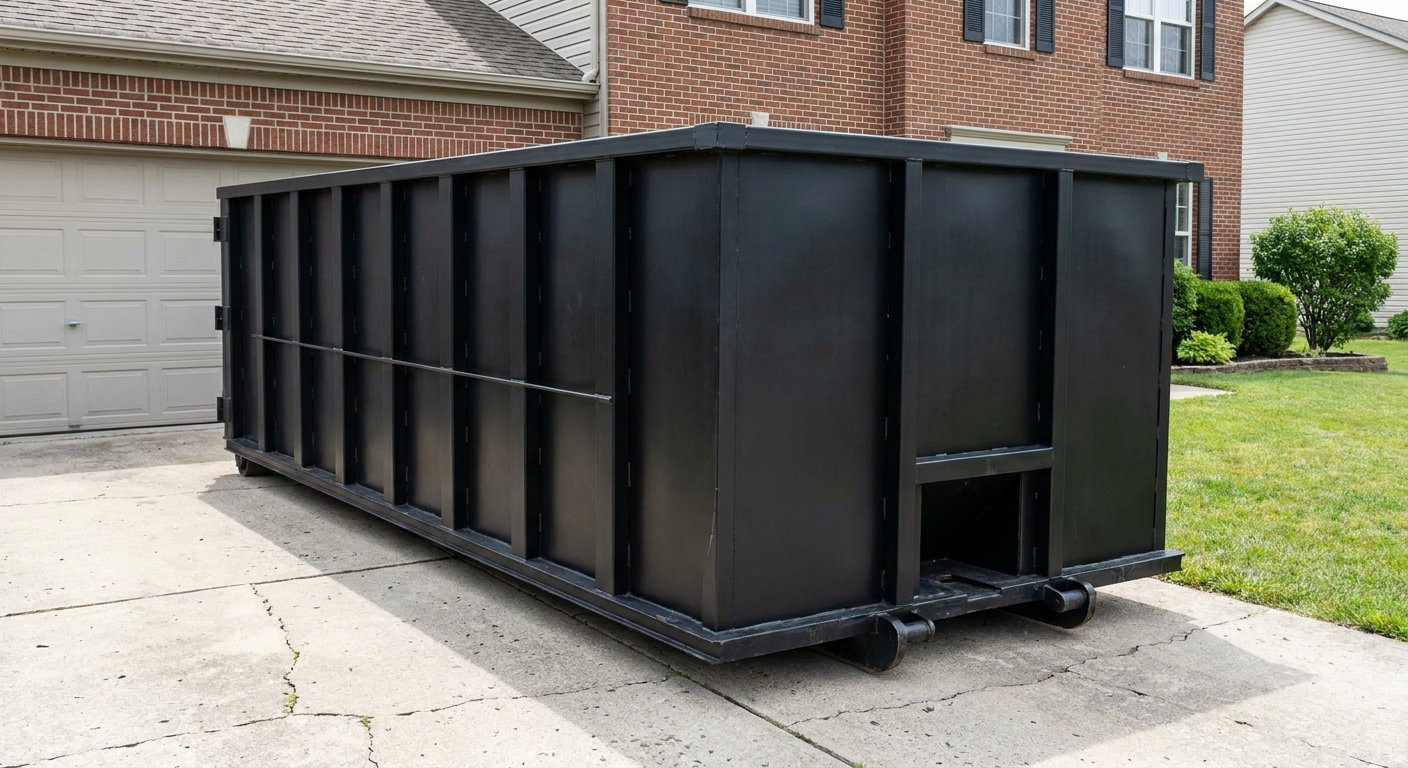 Matte-black 20-yard roll-off container on a Tallmadge residential concrete driveway with reinforced ribbed steel sidewalls and a hinged rear walk-in door, clean bright daylight.