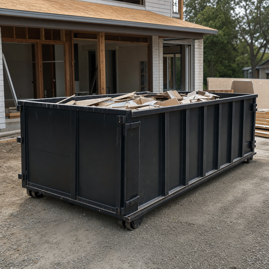 Large matte-black 30-yard construction roll-off dumpster at an active Tallmadge jobsite, steel-gray top rails and bottom rollers visible, loaded with construction debris.