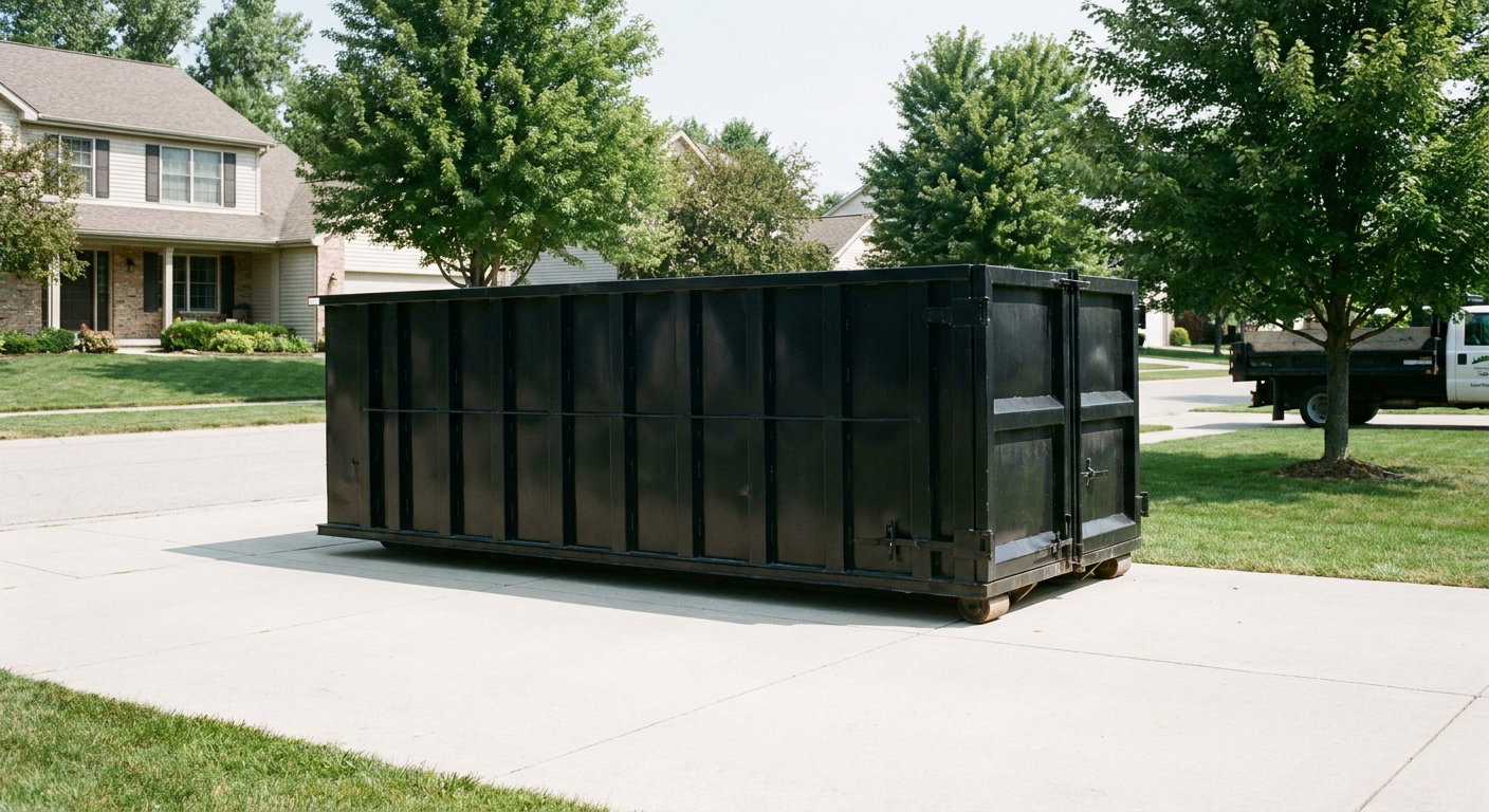 Matte-black 20-yard roll-off dumpster sitting level on a clean Tallmadge residential concrete driveway under bright daylight, demonstrating clean placement directly on the concrete.
