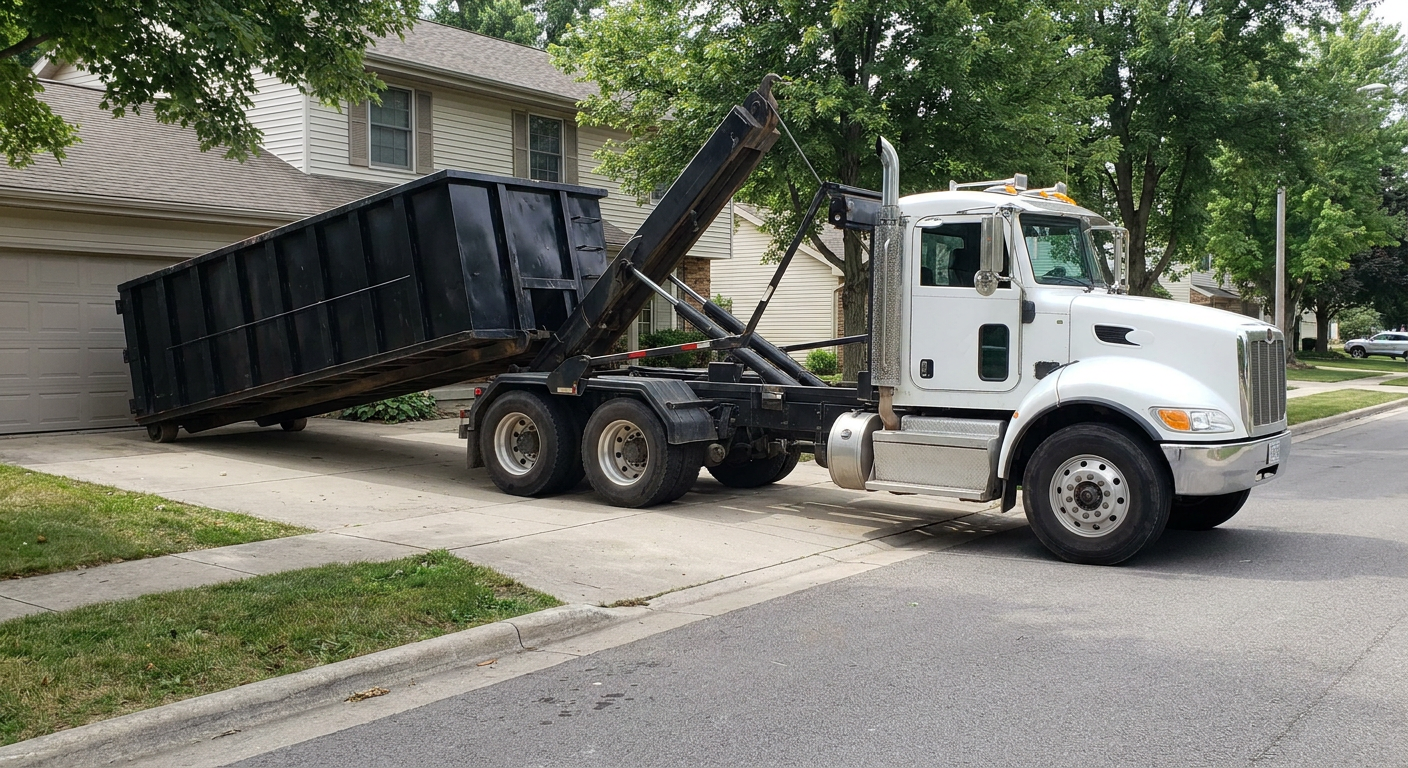 White-cab hooklift roll-off truck actively lowering a matte-black dumpster onto a Tallmadge residential concrete driveway, the dumpster's rear wheels touching the driveway as the hoist arm tilts the bed forward, mid-morning daylight.