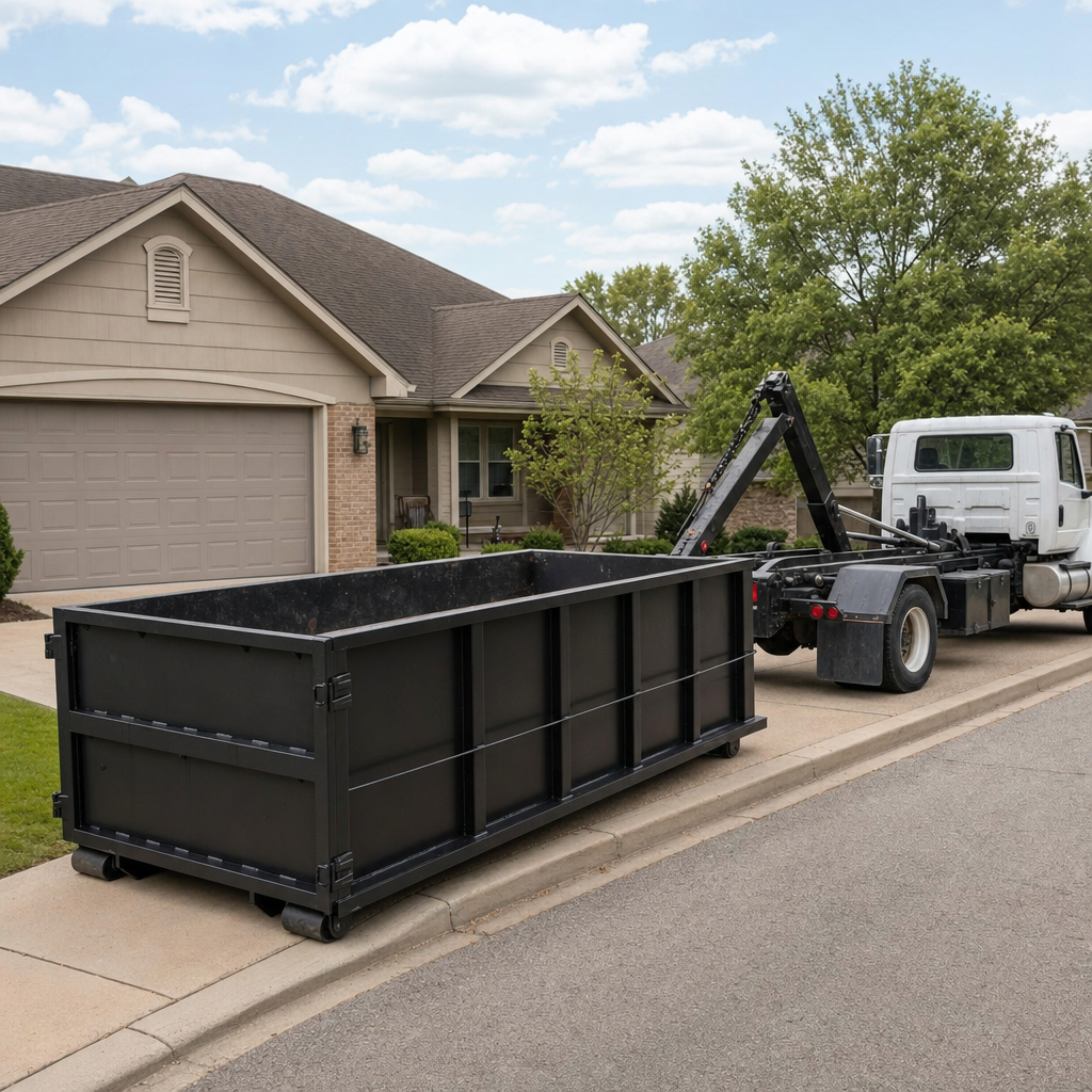 Wide documentary shot of a matte-black roll-off dumpster on a Tallmadge residential driveway in the foreground and a contractor jobsite container in the soft-focus background, bright daylight, calm and orderly composition.