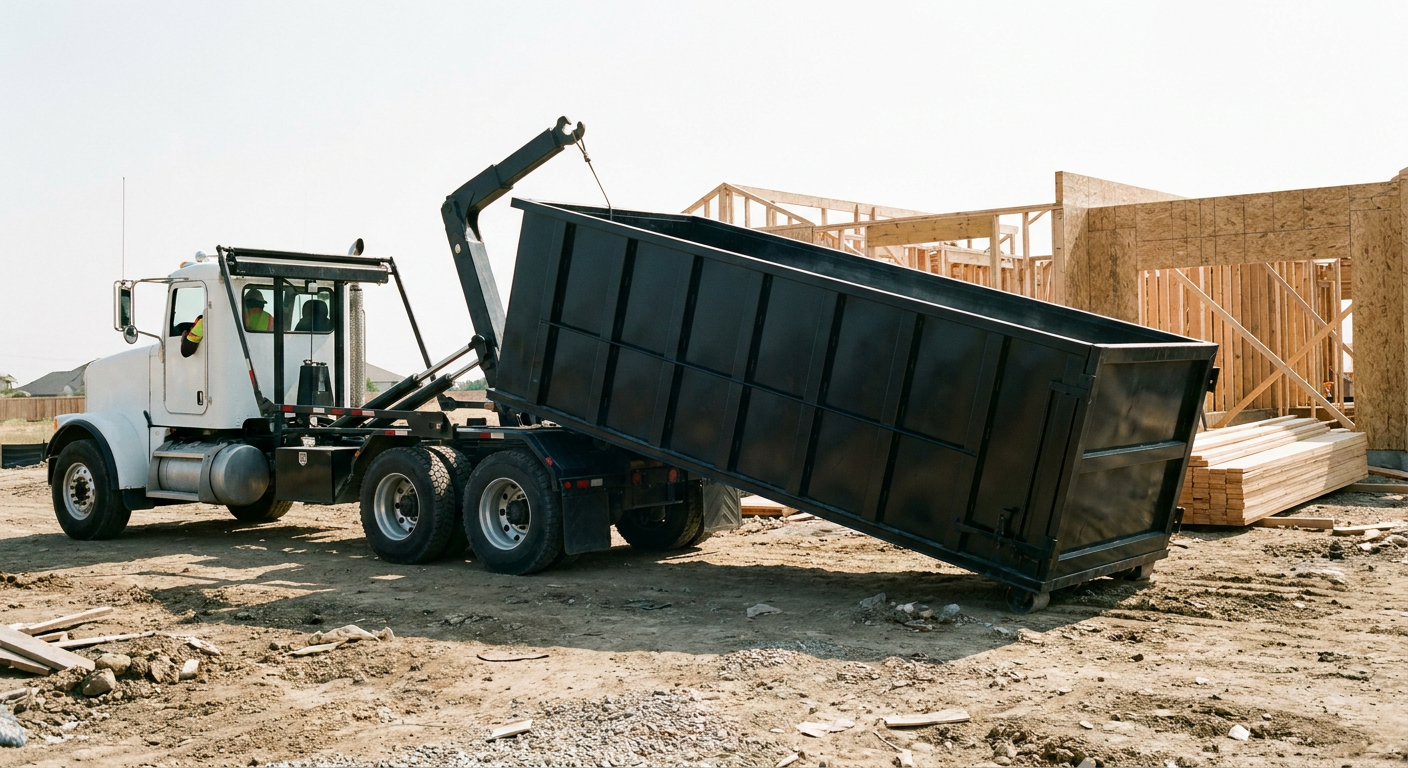 Matte-black roll-off dumpster being delivered onto a clean residential concrete driveway in Tallmadge by an unmarked white hooklift hauler truck, bright morning daylight, documentary 35mm perspective.