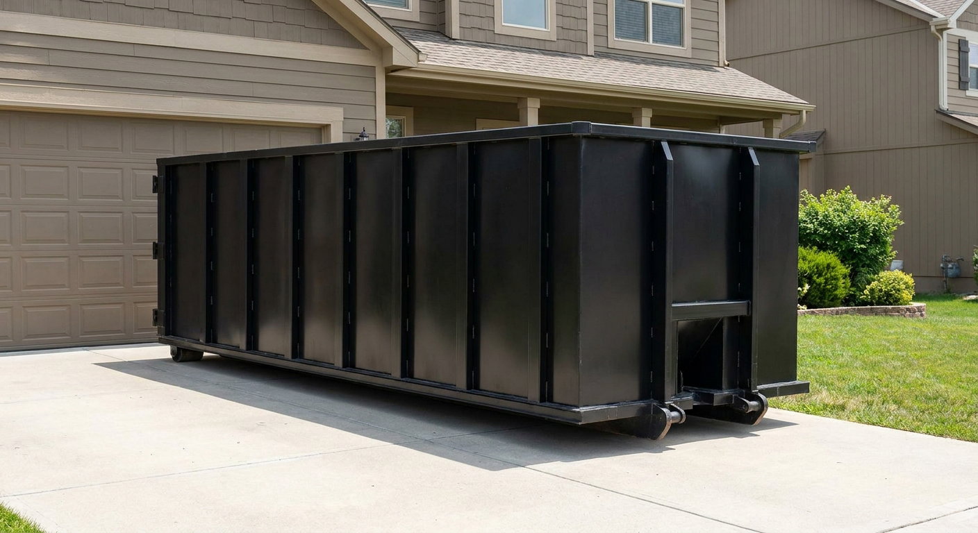 Matte-black residential roll-off dumpster sitting directly on a suburban Tallmadge concrete driveway, garage door closed, single-family home in background, bright morning daylight.
