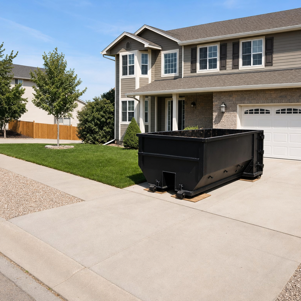 10-yard matte-black residential dumpster placed directly on a narrow Tallmadge concrete driveway, room remains for a parked sedan beside it, mid-morning natural light
