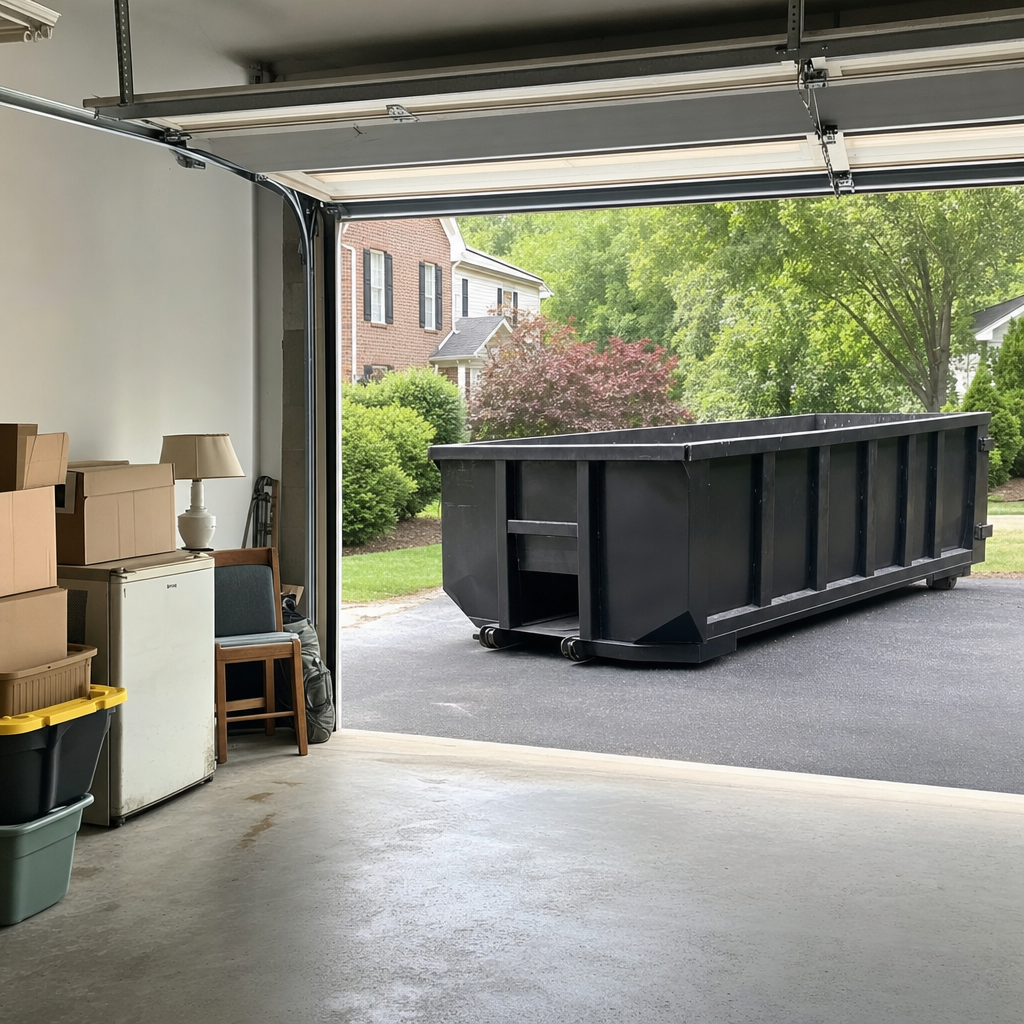 Open garage interior in a Tallmadge home mid-cleanout — boxed items, an old appliance, and stacked yard tools queued near the driveway for a matte-black roll-off dumpster, organized and calm
