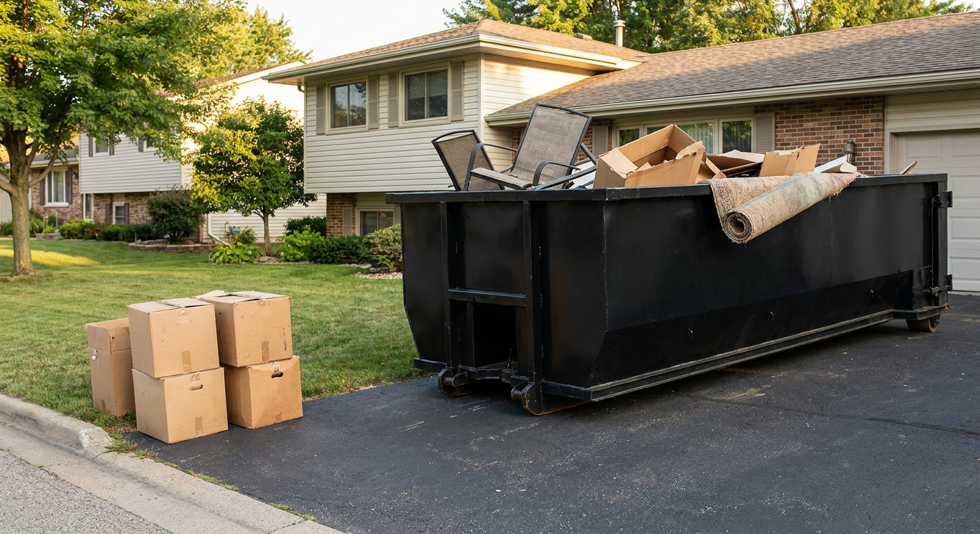 Front-yard view of a Tallmadge split-level home with a 20-yard matte-black roll-off dumpster sitting directly on the asphalt driveway, a few clearly labeled donation boxes staged at the curb, calm sunny afternoon.