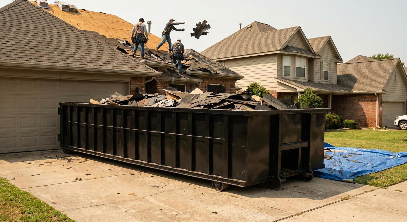 Matte-black roofing roll-off dumpster placed directly on a Tallmadge residential concrete driveway, a tear-off crew on a two-story asphalt-shingle roof tossing shingle bundles into the low-walled container, bright daylight, documentary 35mm perspective.