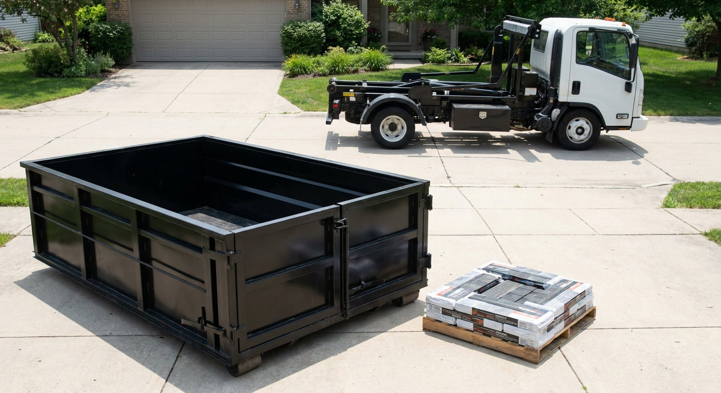 Matte-black 15-yard roofing roll-off dumpster with reinforced low side walls sitting directly on a Tallmadge residential concrete driveway, three-tab asphalt shingle bundles stacked nearby, an unmarked white hauler truck partially visible at the edge of the frame.