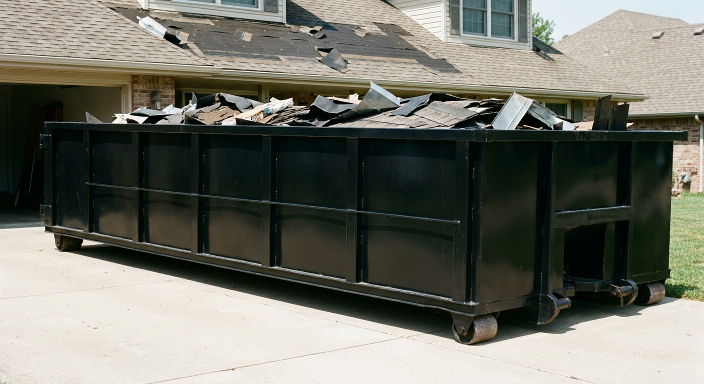 Matte-black 20-yard roofing roll-off dumpster with steel ribbed sides and swinging rear door, sitting directly on the concrete driveway of a two-story Tallmadge home, asphalt shingle debris being loaded over the low wall, clean documentary lighting.