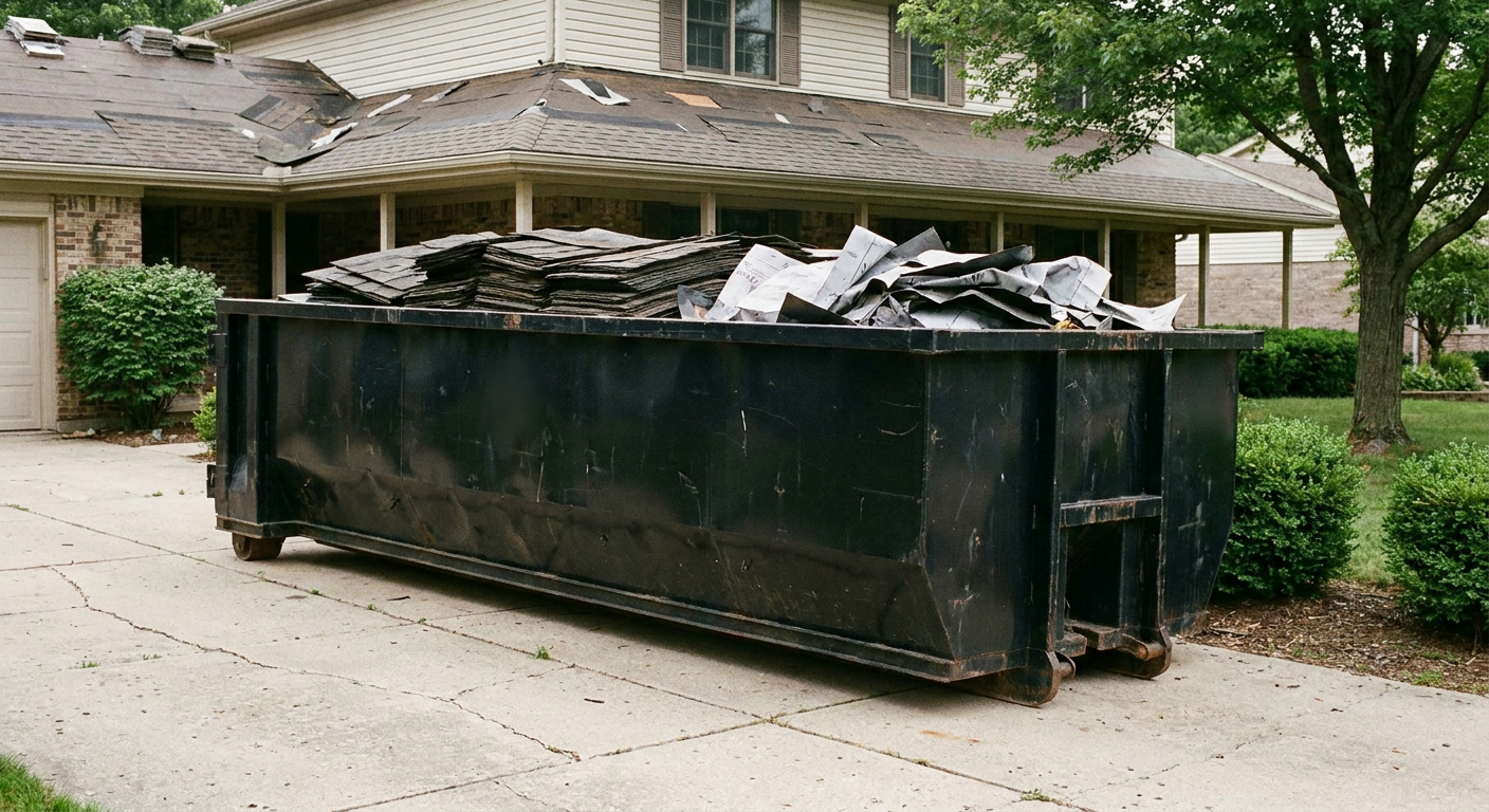 Matte-black 30-yard roofing roll-off dumpster sitting directly on a Tallmadge concrete driveway, taller ribbed steel side panels, mixed tear-off debris of asphalt shingles and underlayment inside, professional documentary daylight.