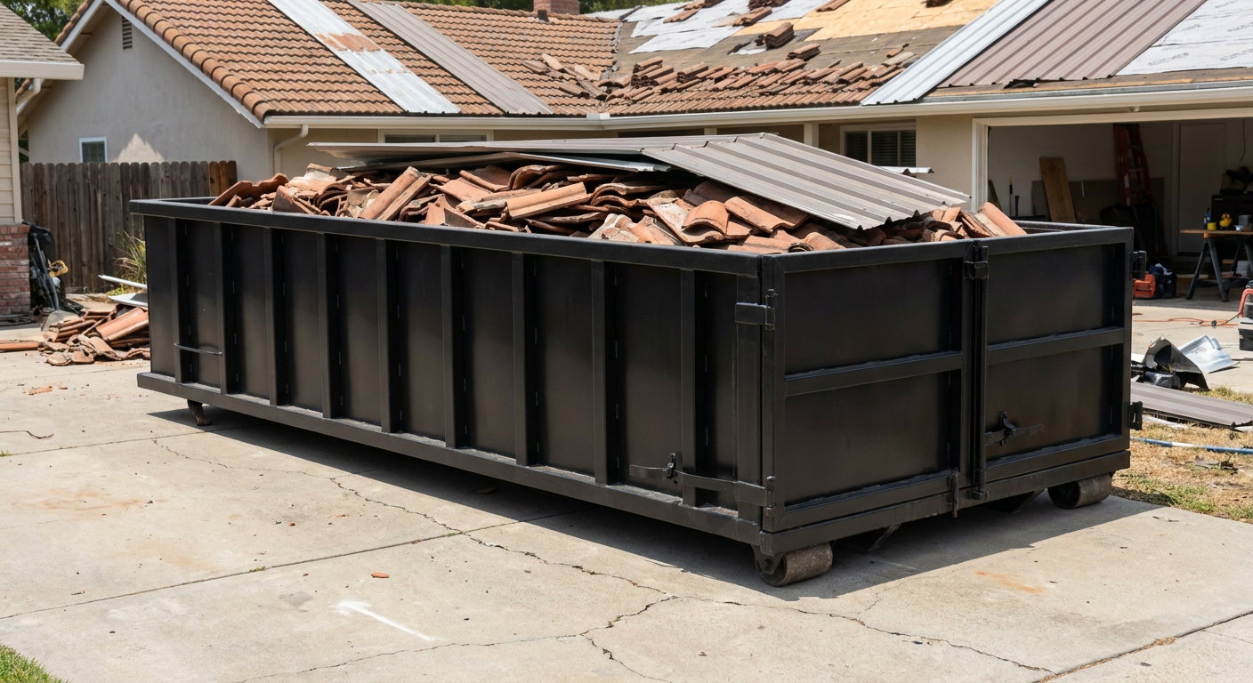 Matte-black low-wall heavy-debris roofing roll-off dumpster sitting directly on a Tallmadge concrete driveway, broken concrete clay roof tiles and metal panel sections loaded inside, reinforced ribbed steel side walls visible, bright outdoor daylight.