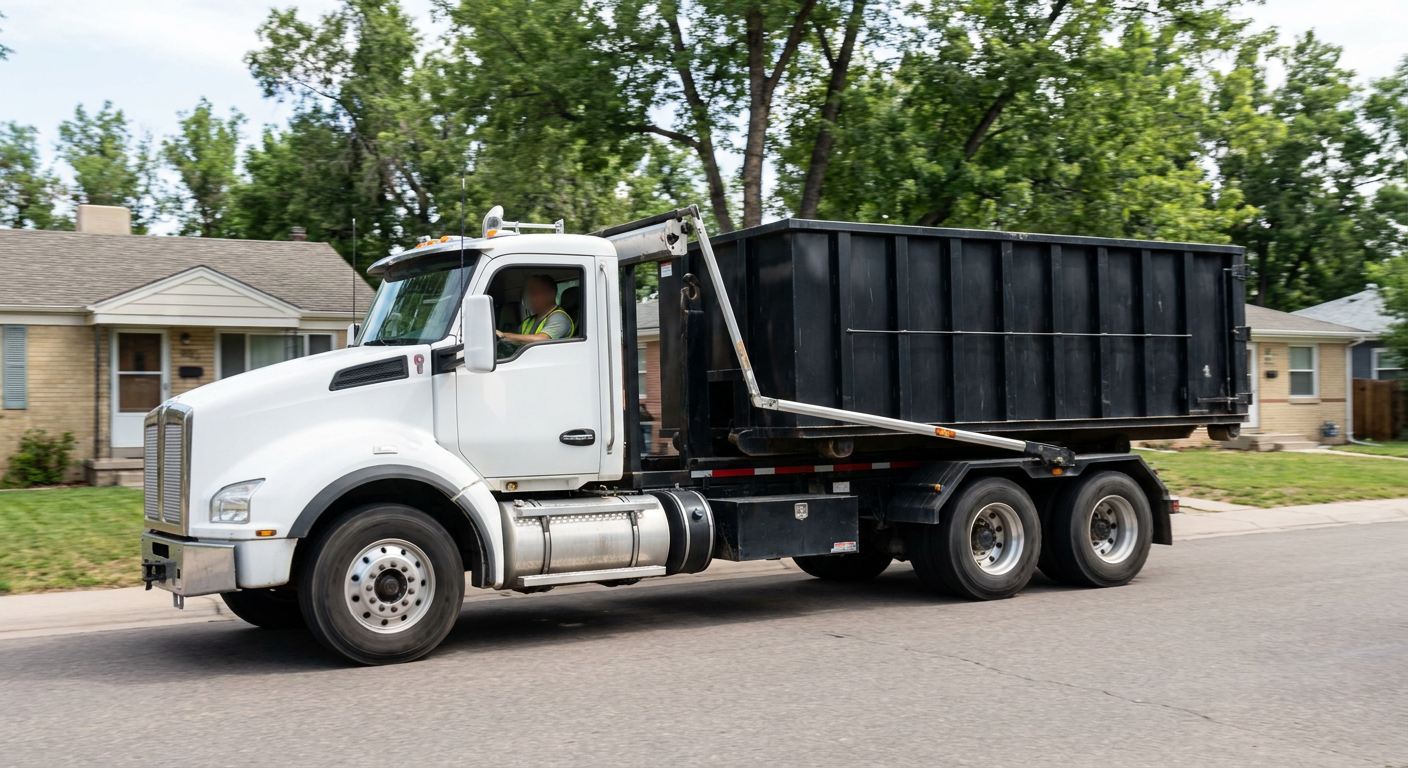 A wide documentary shot of a matte-black roll-off delivery truck pulling onto a quiet Tallmadge residential street at mid-morning, with neighborhood rooftops and tree-lined blocks visible behind, showing the metro coverage footprint.