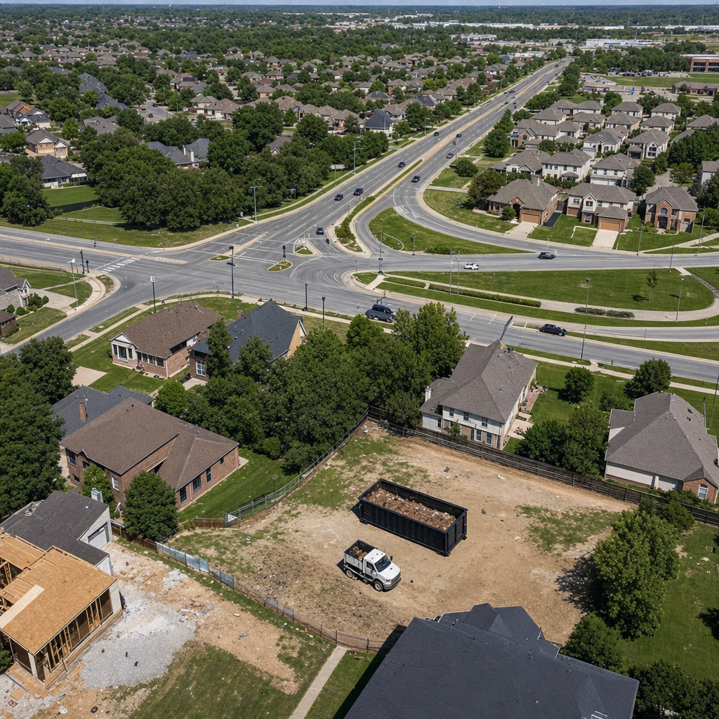 An overhead documentary view of the Tallmadge metro area at midday, showing the spread of neighborhoods, arterial roads, and the dispatch radius from a central yard — clean daylight, organized geographic layout.