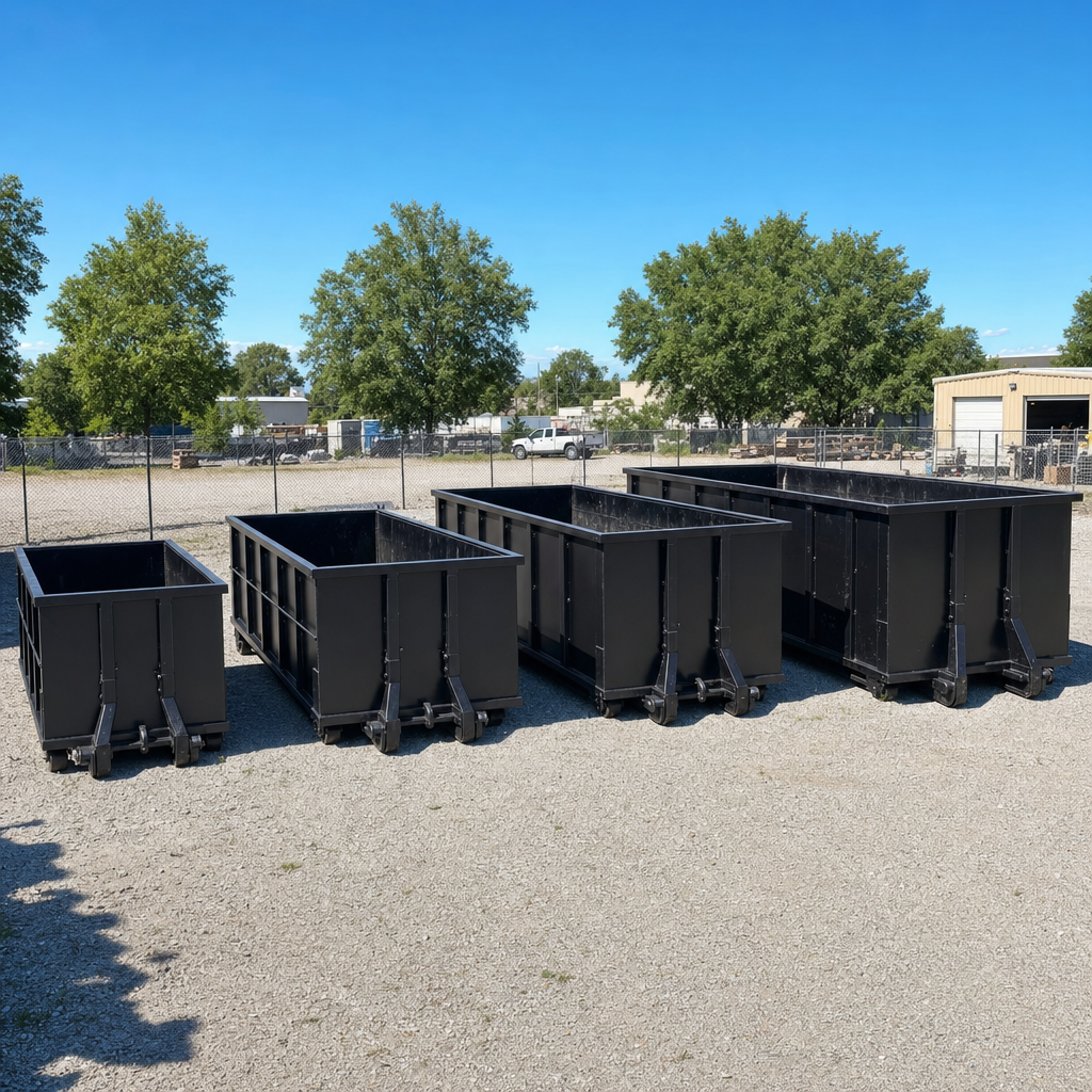 A clean lineup of matte-black roll-off dumpsters in 10, 20, 30, and 40-yard sizes staged on a sunlit gravel yard in Tallmadge, showing the size progression from compact to commercial-scale containers.