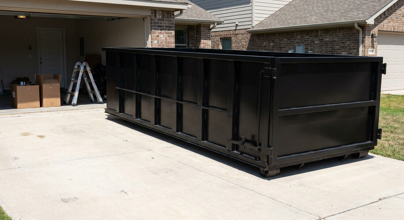 A matte-black 10-yard roll-off dumpster sitting directly on a residential Tallmadge concrete driveway, mid-day sunlight, clean and ready for a garage cleanout.