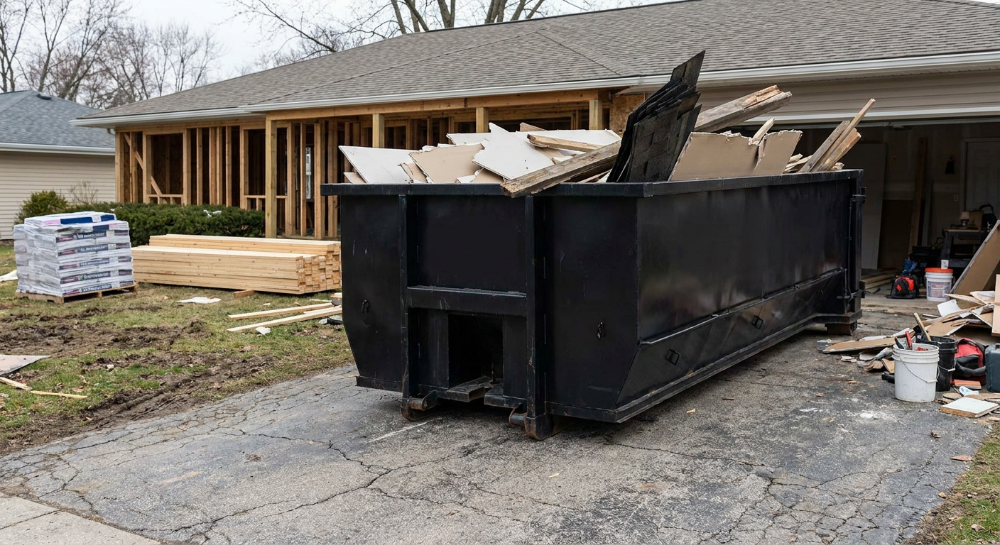 A matte-black 20-yard roll-off dumpster placed alongside a mid-renovation Tallmadge home directly on the asphalt driveway, with framing materials and torn-off shingles staged neatly nearby.