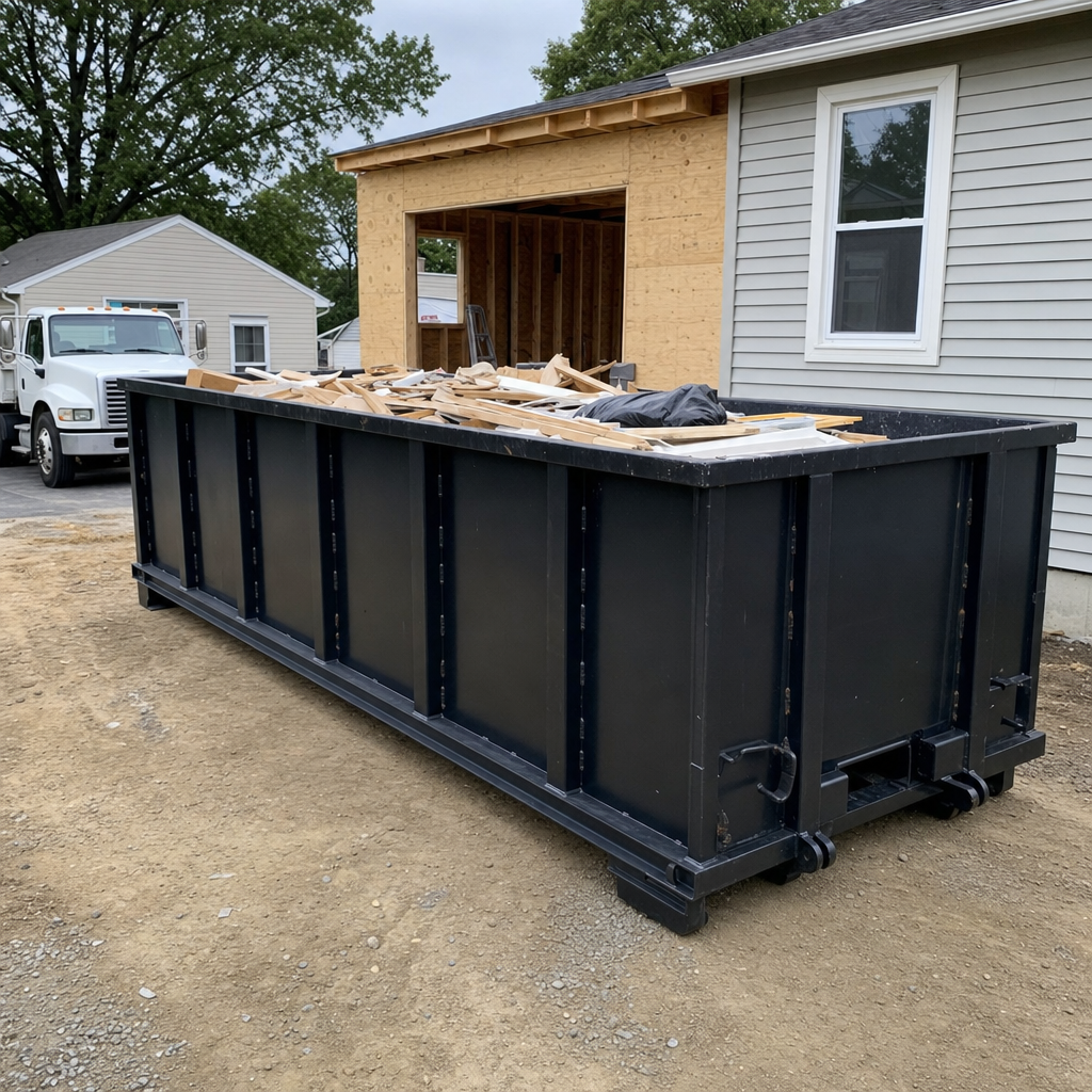 A matte-black 30-yard roll-off dumpster positioned at a Tallmadge residential addition jobsite, with framing lumber and drywall scraps loaded through the open swinging rear doors.
