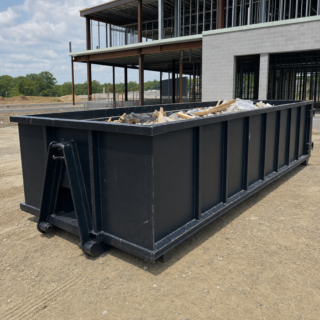 A matte-black 40-yard roll-off dumpster staged on a large Tallmadge commercial construction lot, with a hooklift delivery truck parked alongside under bright midday sky.