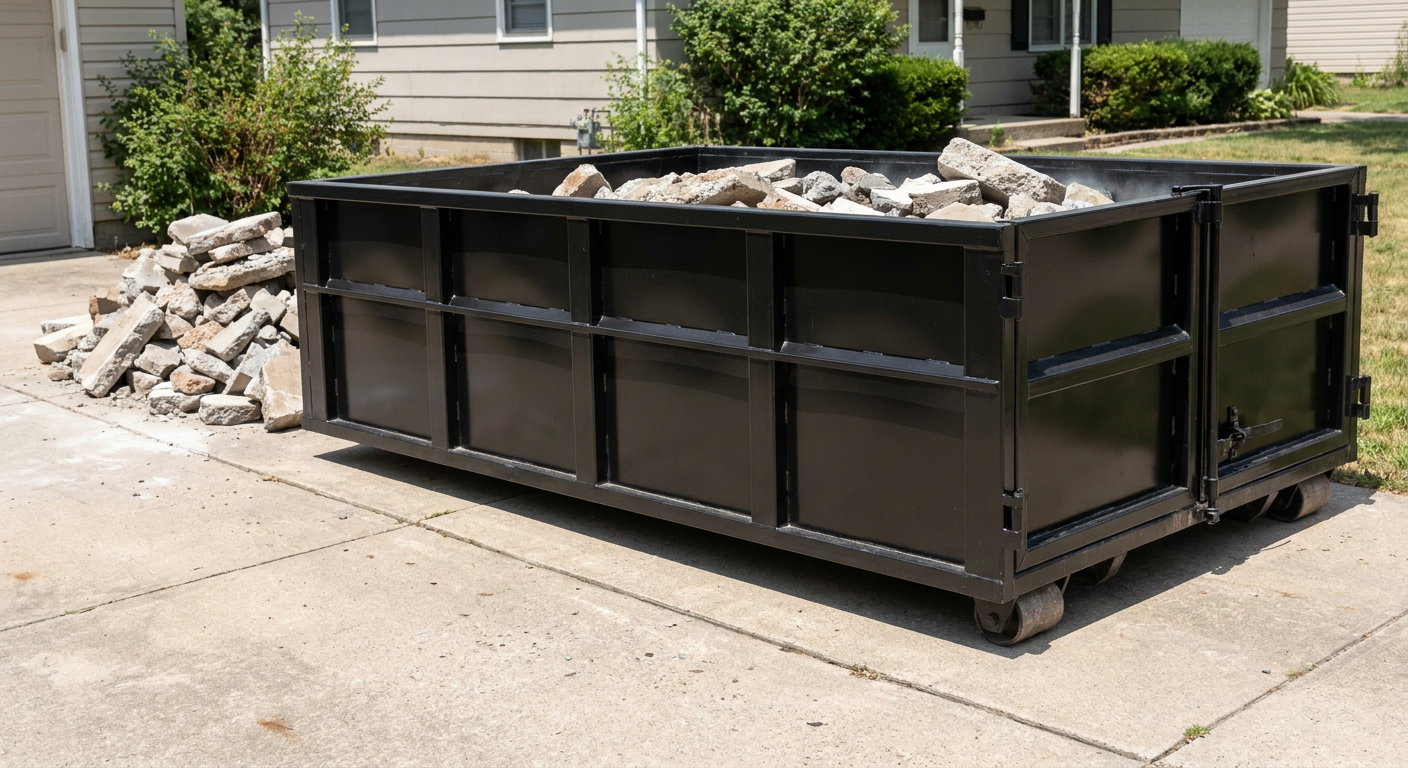 A matte-black low-side heavy-debris roll-off dumpster placed directly on a Tallmadge concrete driveway, with broken concrete chunks neatly stacked beside it under clean daylight.